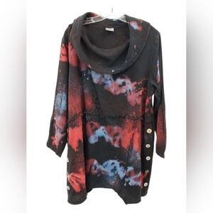 Sea Breeze Tunic Top Womens 1X Black Tie Dye Cowl Neck Asymmetrical Artsy Boho